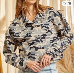 Savanna Jane Black, Beige and Gray Camo Corduroy Jacket with Rhinestone Fringe